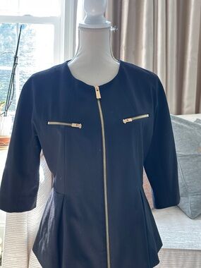 Black Zip-Front Peplum Jacket with Gold Hardware